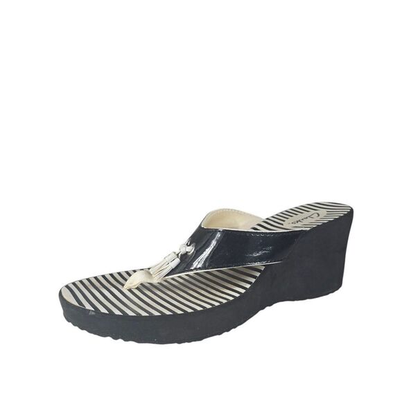 Clarks Black and White Wedge Sandals with Striped Footbed - Picture 1 of 6